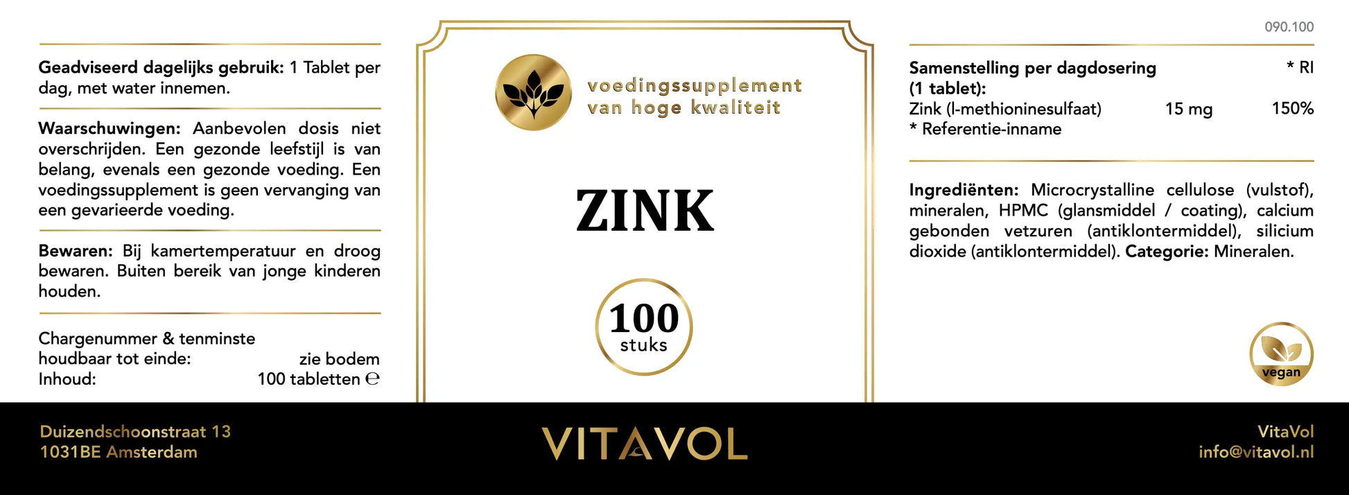 Gedetailleerd etiket van Zink supplement met ingrediënten, doseringsinformatie en gebruiksadvies