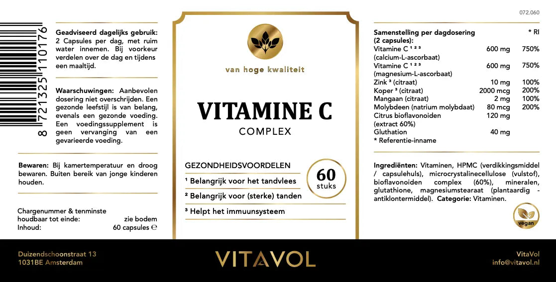 Gedetailleerd etiket van Vitamine C Complex supplement met samenstelling, doseringsadvies en gebruiksinstructies