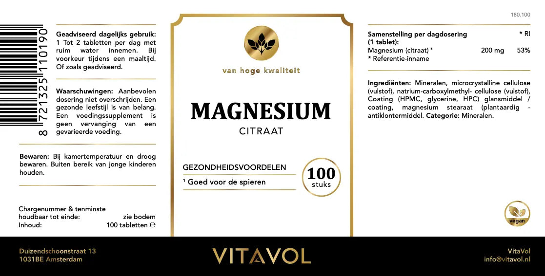 Gedetailleerd etiket van Magnesium Citraat supplement met ingrediëntenlijst, dosering en gebruiksadvies